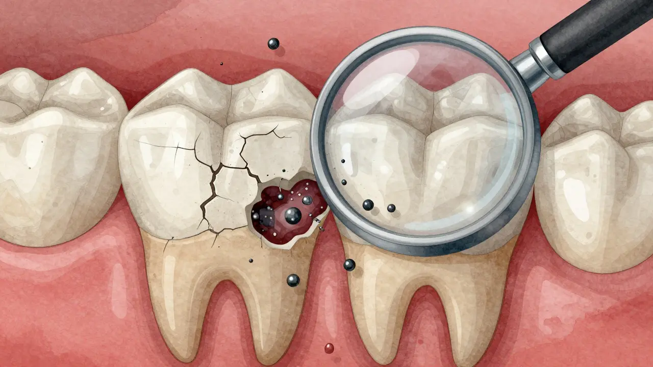 Zvětšený pohled na zub s černým kamenem a bakteriemi ničícími sklovinu zevnitř.