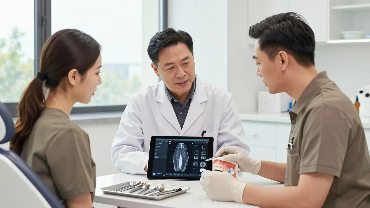 Dentalní tým analyzuje 3D model čelisti při spolupráci.