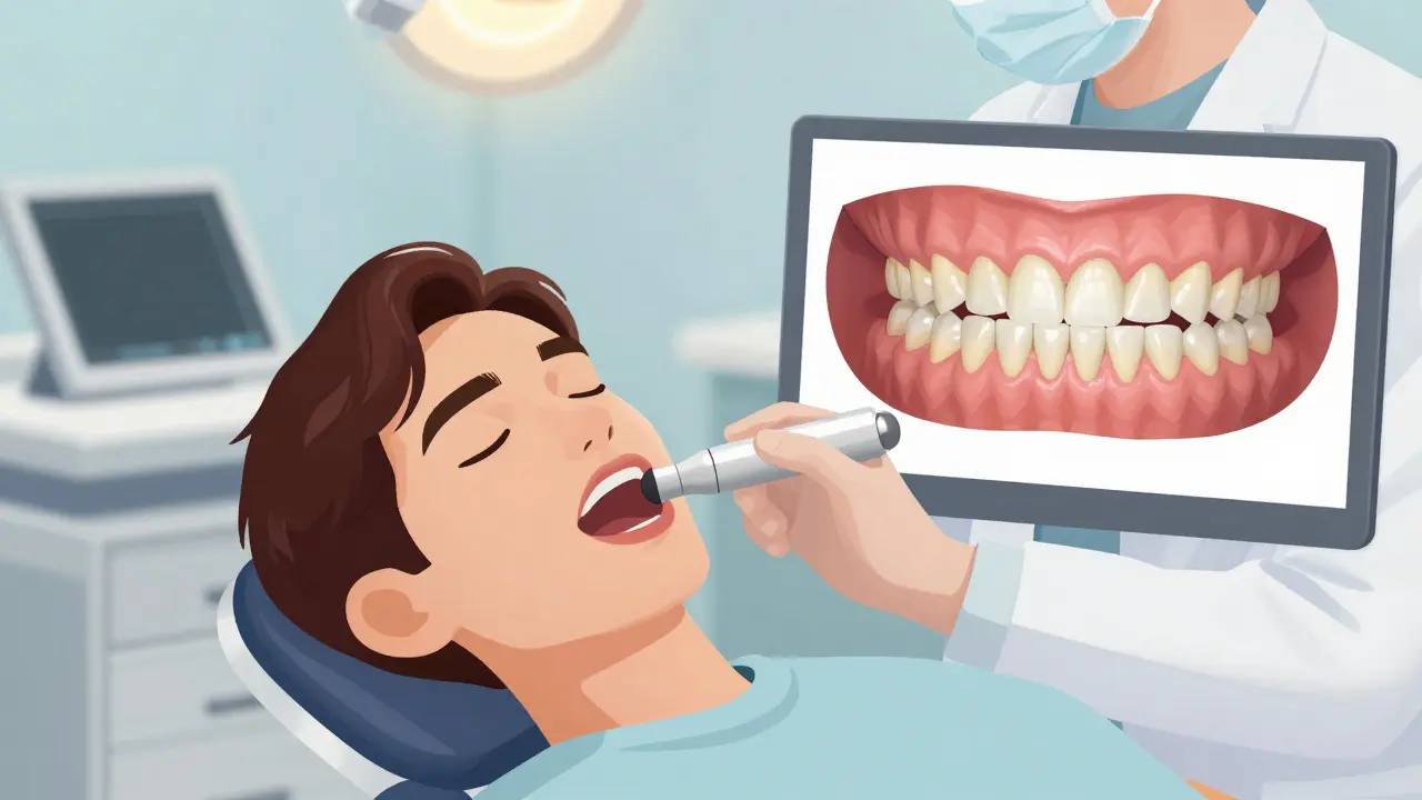 Dentista používá 3D skener k analýze křivosti zubů s digitálním přehledem možností léčby.