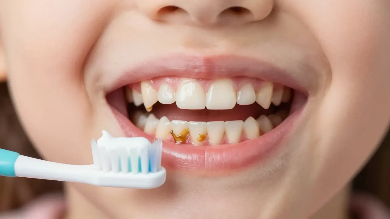 Detail zubního kamene na zubech dítěte u dásní, s toothbrushem a pastou.