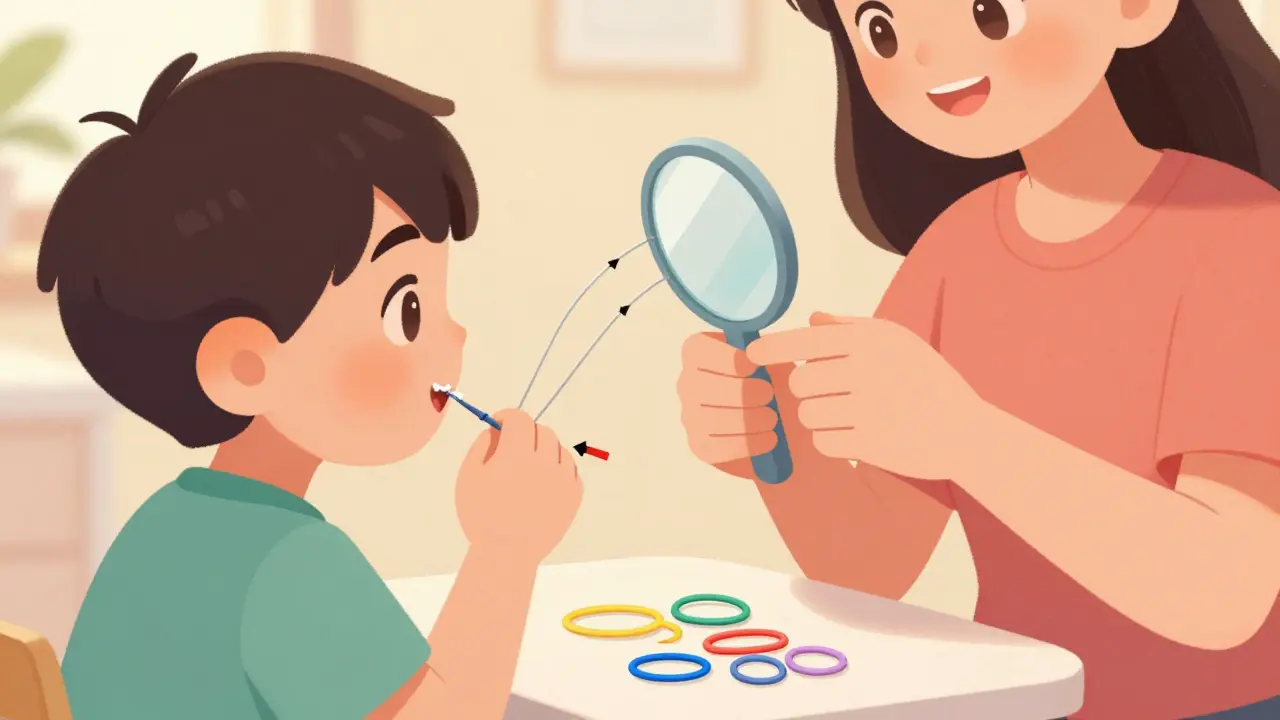 Dítě a dospělý společně vkládají gumičky na rovnátka pomocí zrcátka.