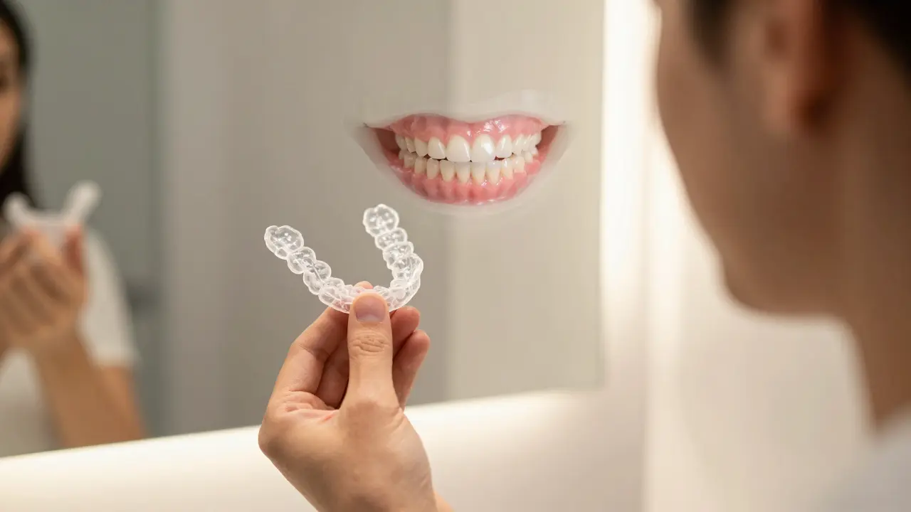 Dospělý drží retentor a dívá se do zrcadla, kde je vidět předchozí mezera mezi zuby.