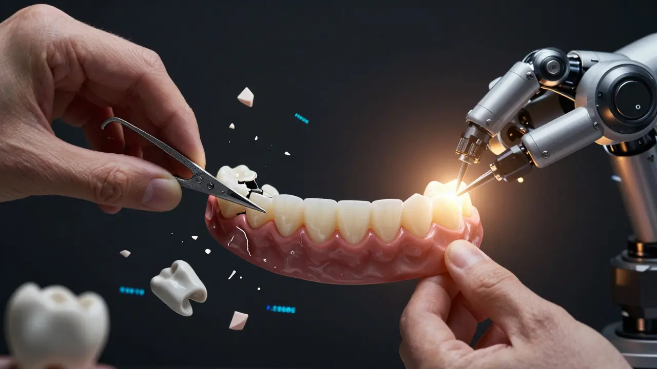 Konceptuální obrázek: bolestivý zub se mění v dokonalou zubní náhradu díky přesné lidské práci.
