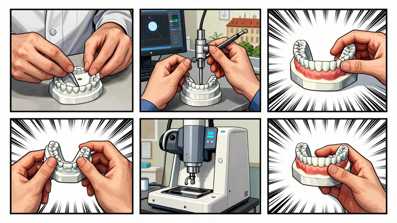 Kreslená scéna ukazující čtyřletý vývoj studenta dentální techniky od gipsu po digitální výrobu.