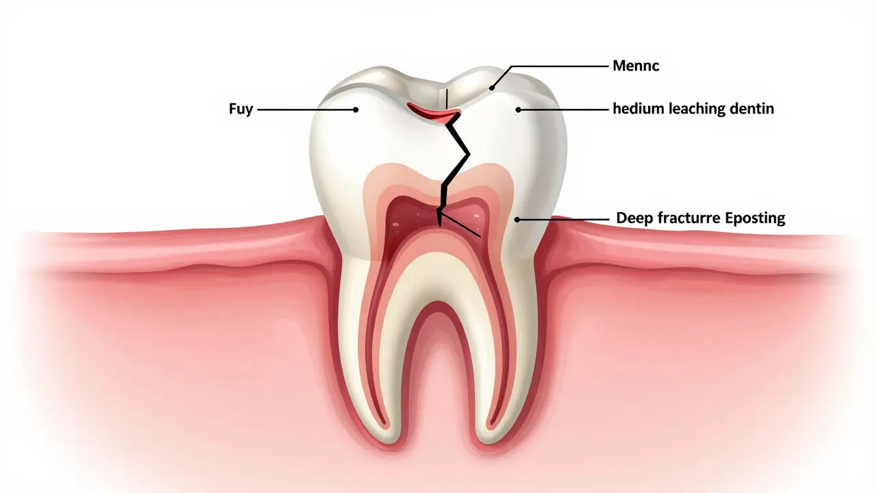 Křížový řez předního zubu s ukázkou tří úrovní poškození.