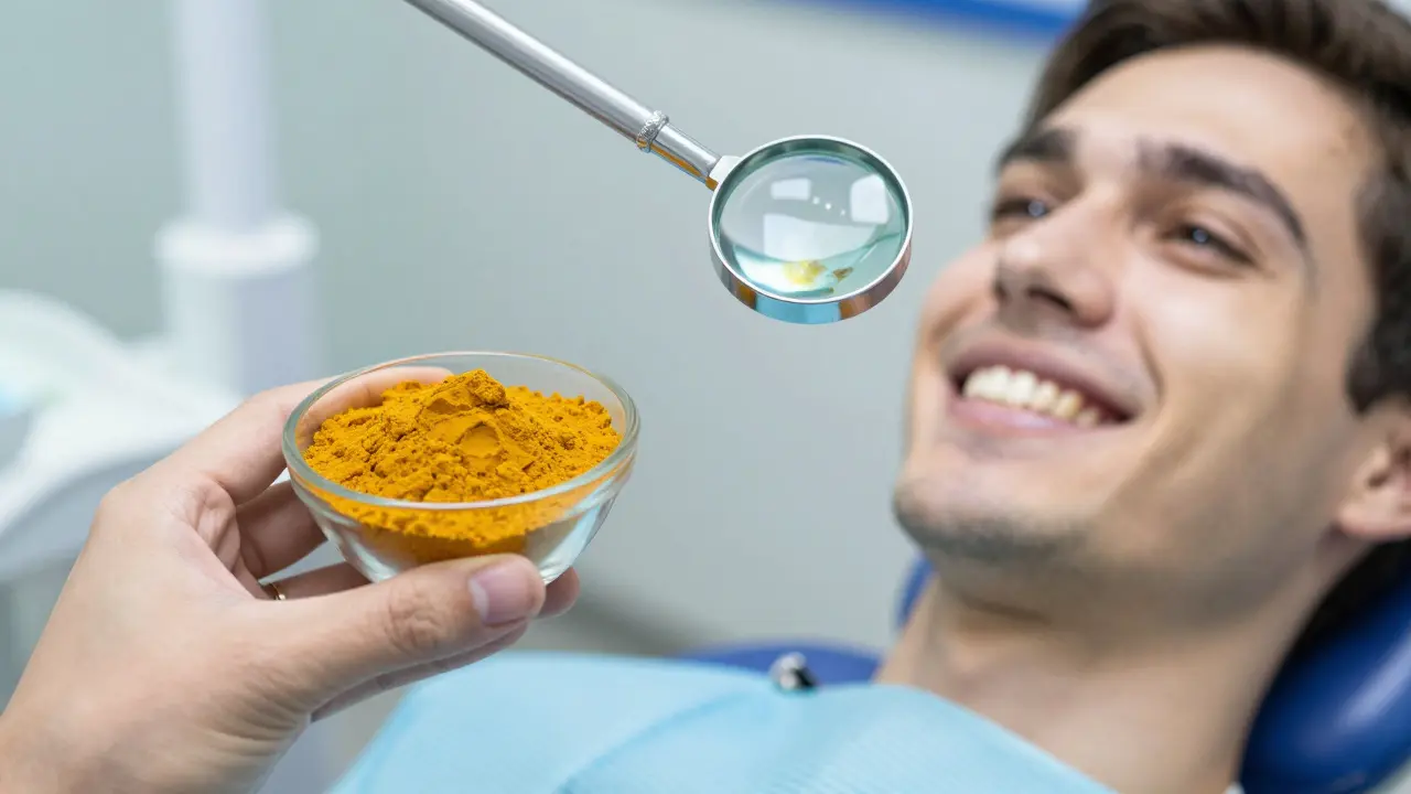 Kurkuma vedle dentálního křesla s odborným vyšetřením zubů.