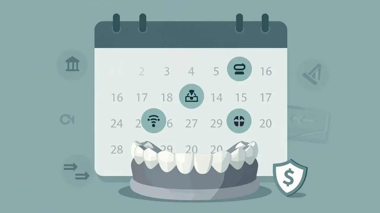 Měsíční splátky za fixní rovnátka s ikonami plateb a zubními rovnátky na pozadí.