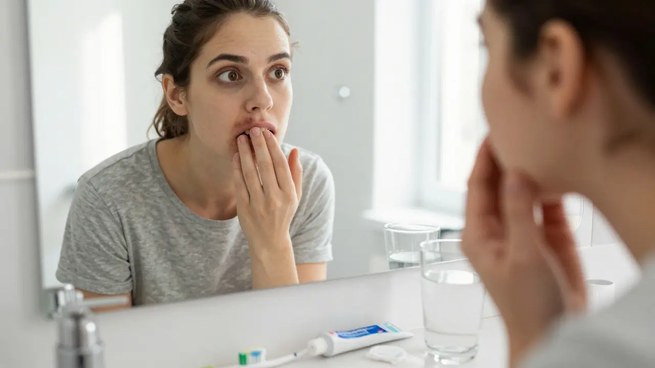Muž se dívá do zrcadla a pozoruje tmavé skvrny na zubech.