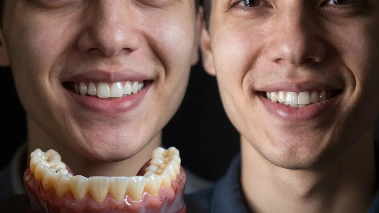 Pacient se usmívá s přirozenými zuby, vedle něj leží stará protéza.