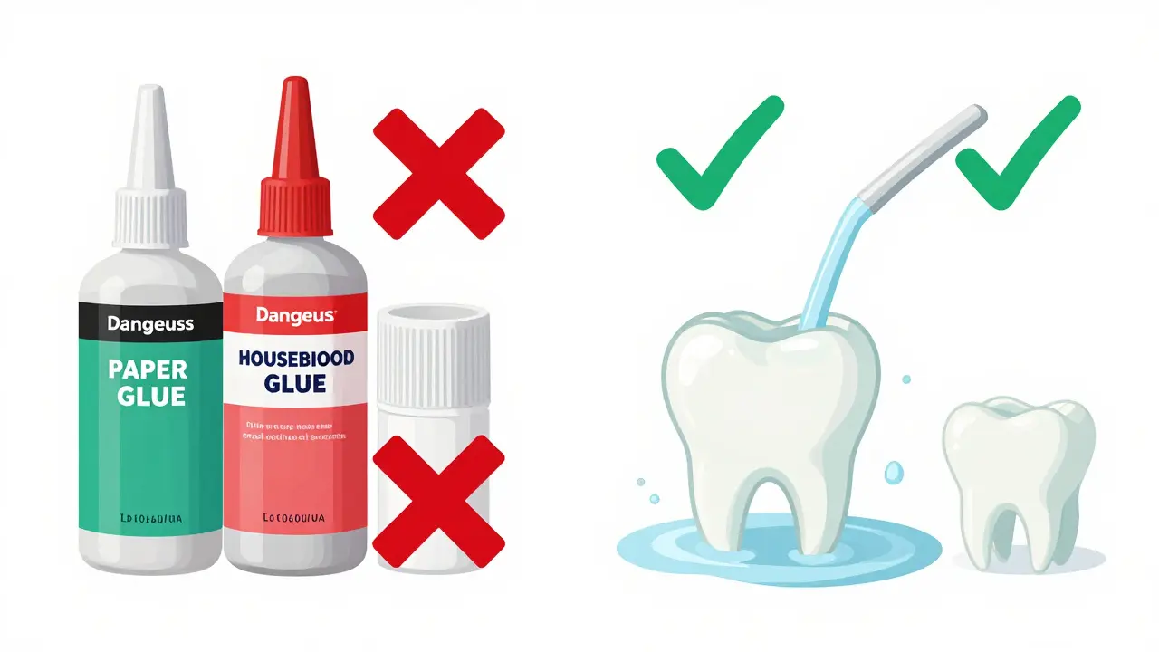Porovnání nebezpečných a bezpečných lepidel pro nalepovací zuby.