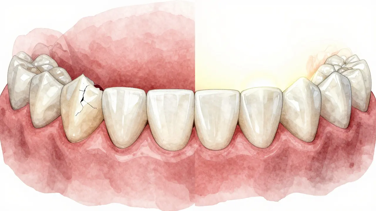 Porovnání poškozených zubů a zubů po aplikaci keramických fazet v jedné scéně.