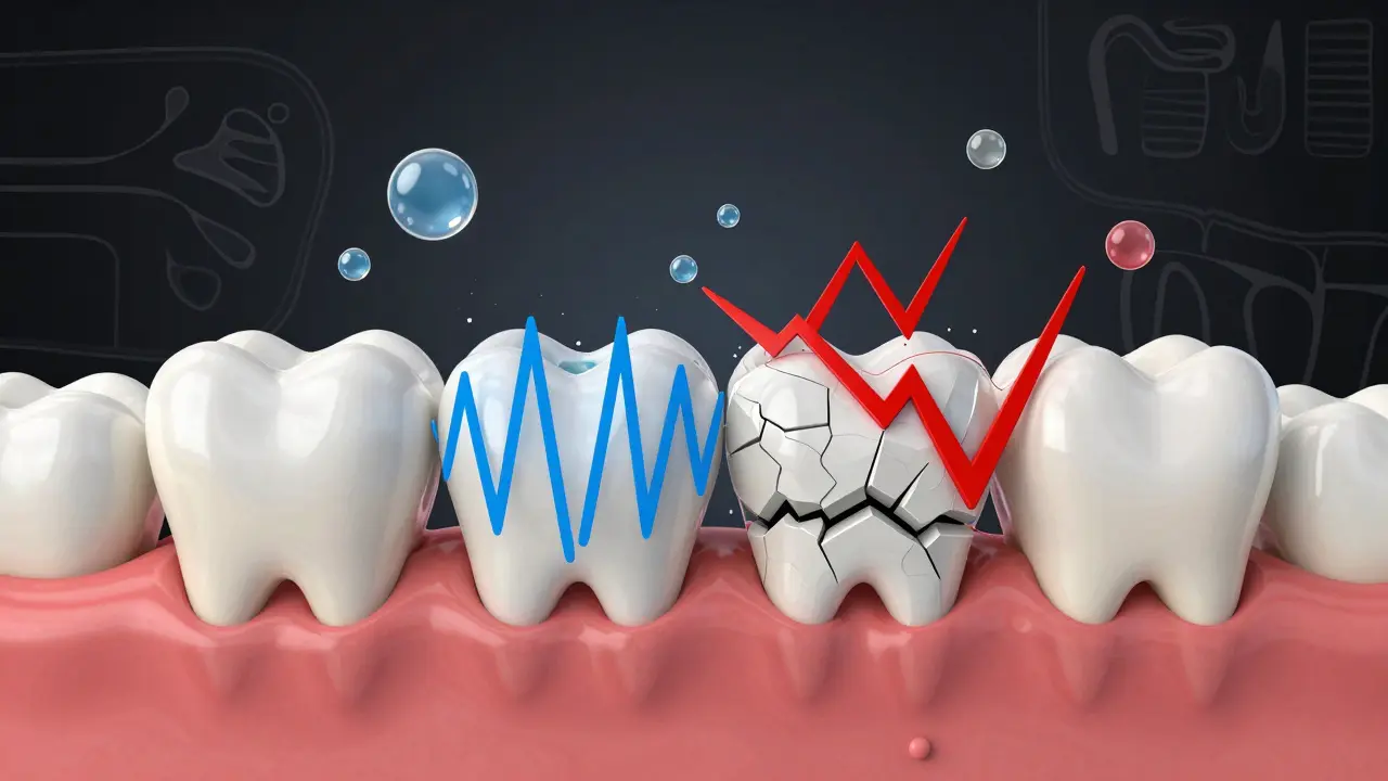 Porovnání zdravého a poškozeného zubu při použití ultrazvukové špachtle.