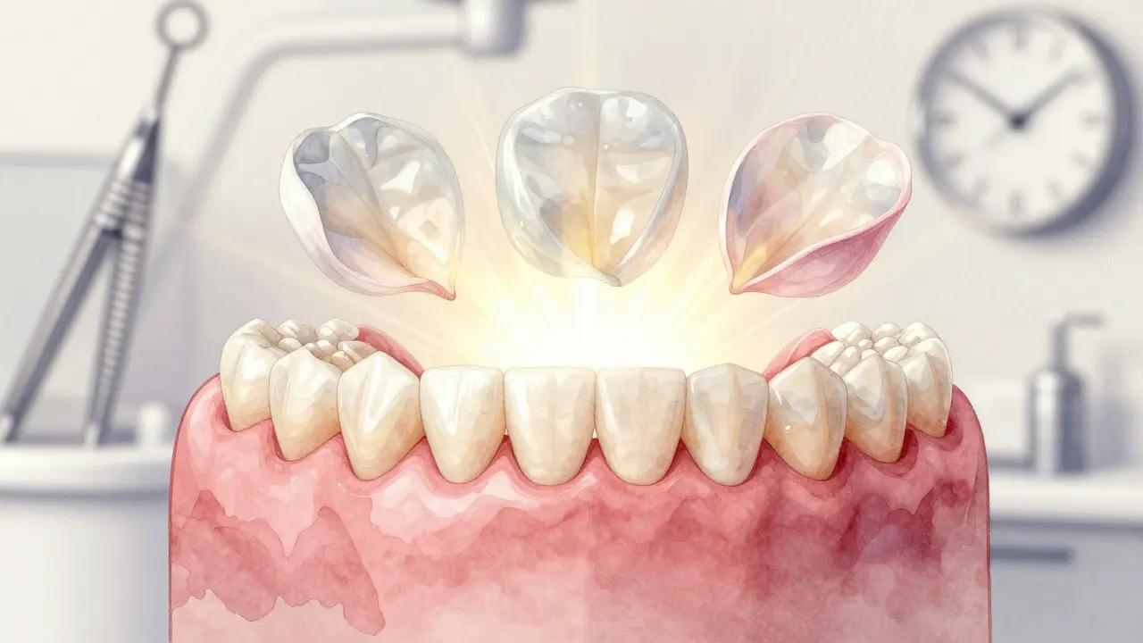 Přechod od křivých zubů k dokonalému úsměvu s představou faset jako tenkých vrstev nad zuby.