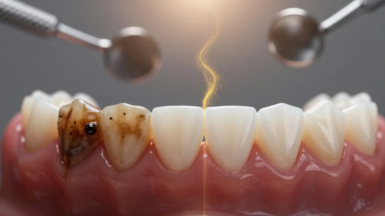 Před a po pískování zubů: tmavé skvrny vs. čistá a lesklá sklovina.