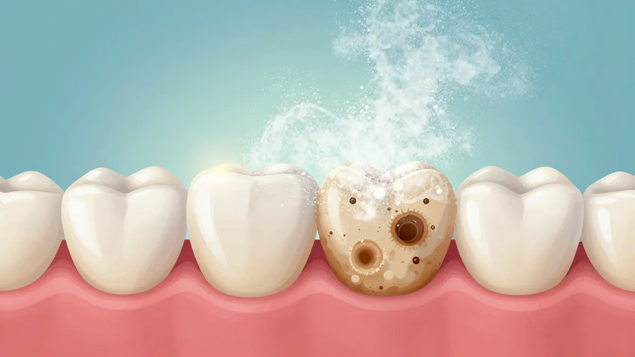 Přehledná ilustrace zubního plaku a skvrn odstraňovaných jemným práškem při pískování.