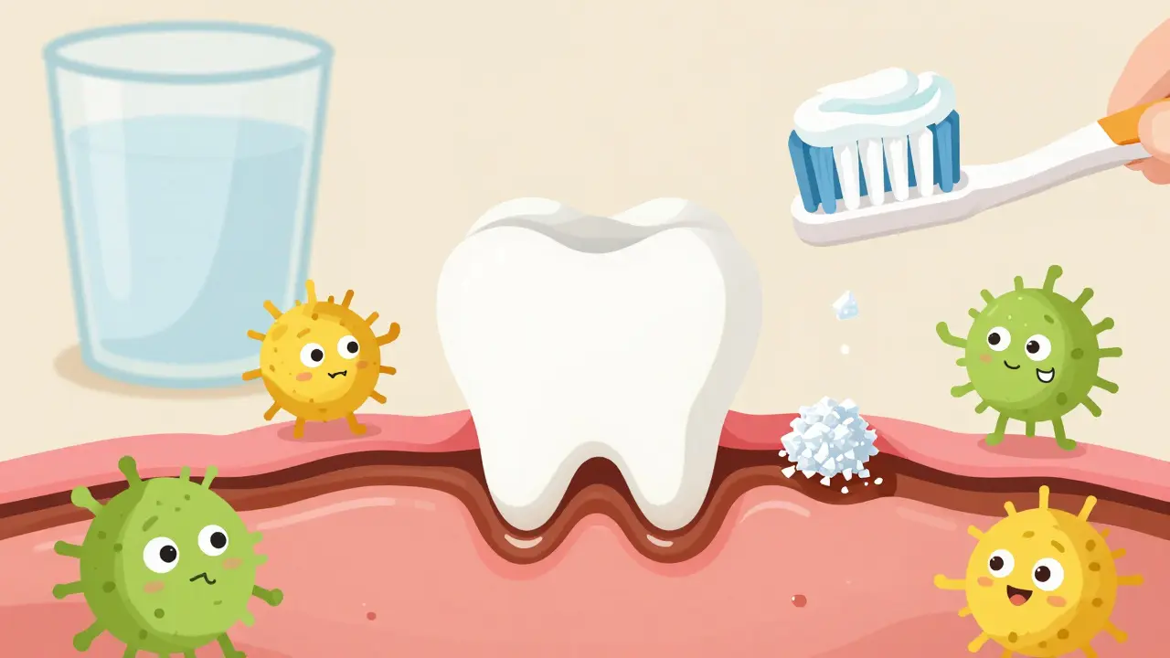 Přehledná ilustrace zubního plaku, který se mění v tvrdý zubní kámen s bakteriemi a cukrem.