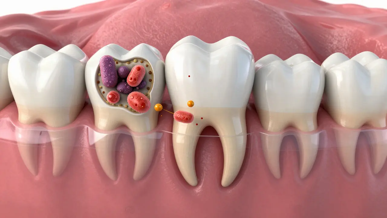 Přehledový náčrt rozpadu dásní a kosti pod vlivem zubního kamene.