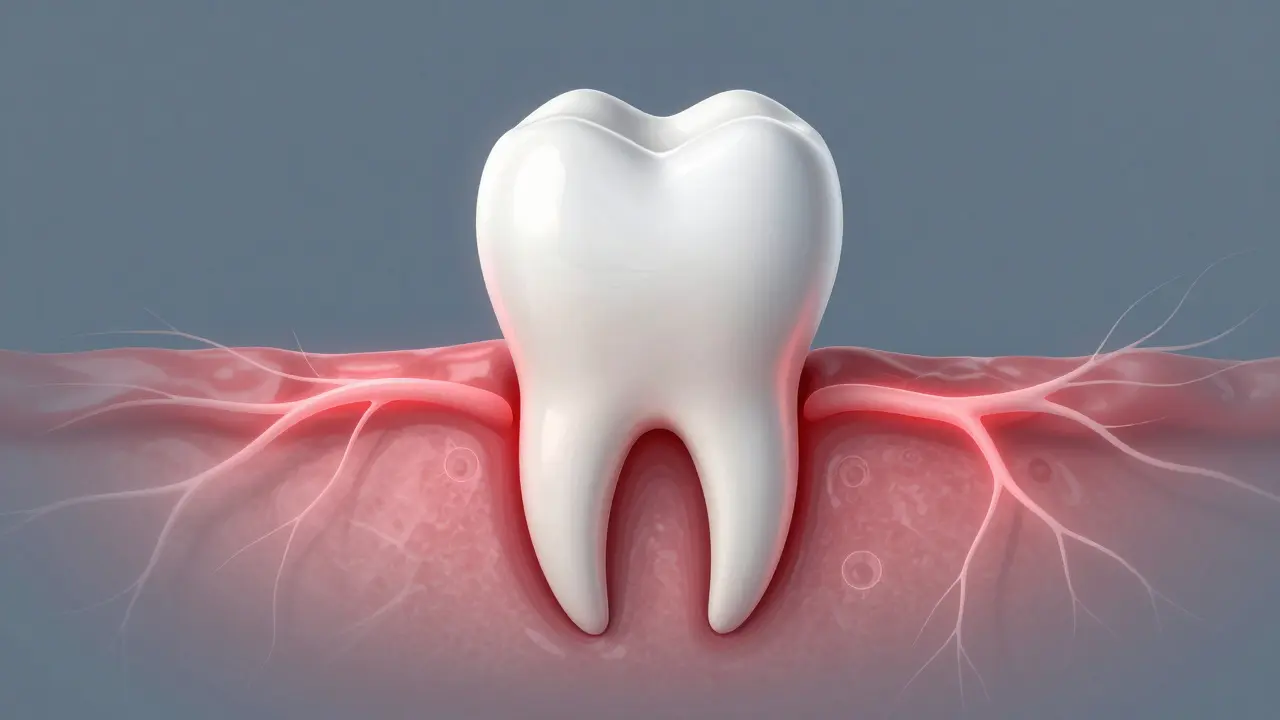 Příčný řez předního zubu s plombou a podrážděným nervem.