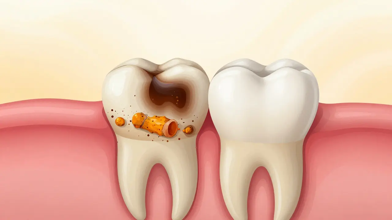 Příčný řez zubem s odstraňováním povrchových skvrn kurkumou.