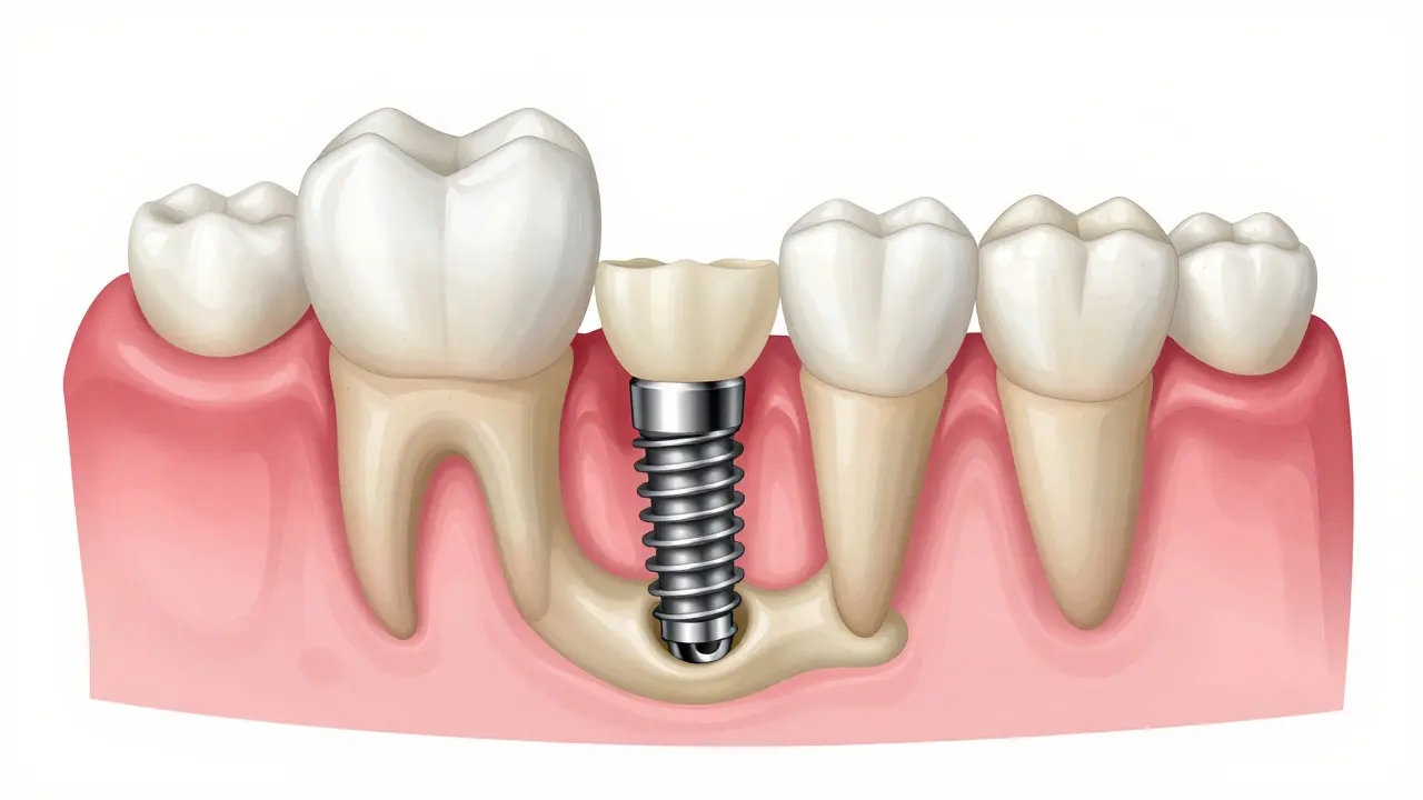 Průřez čelisti s titanovým implantátem integrovaným do kosti a korunkou na vrcholu.