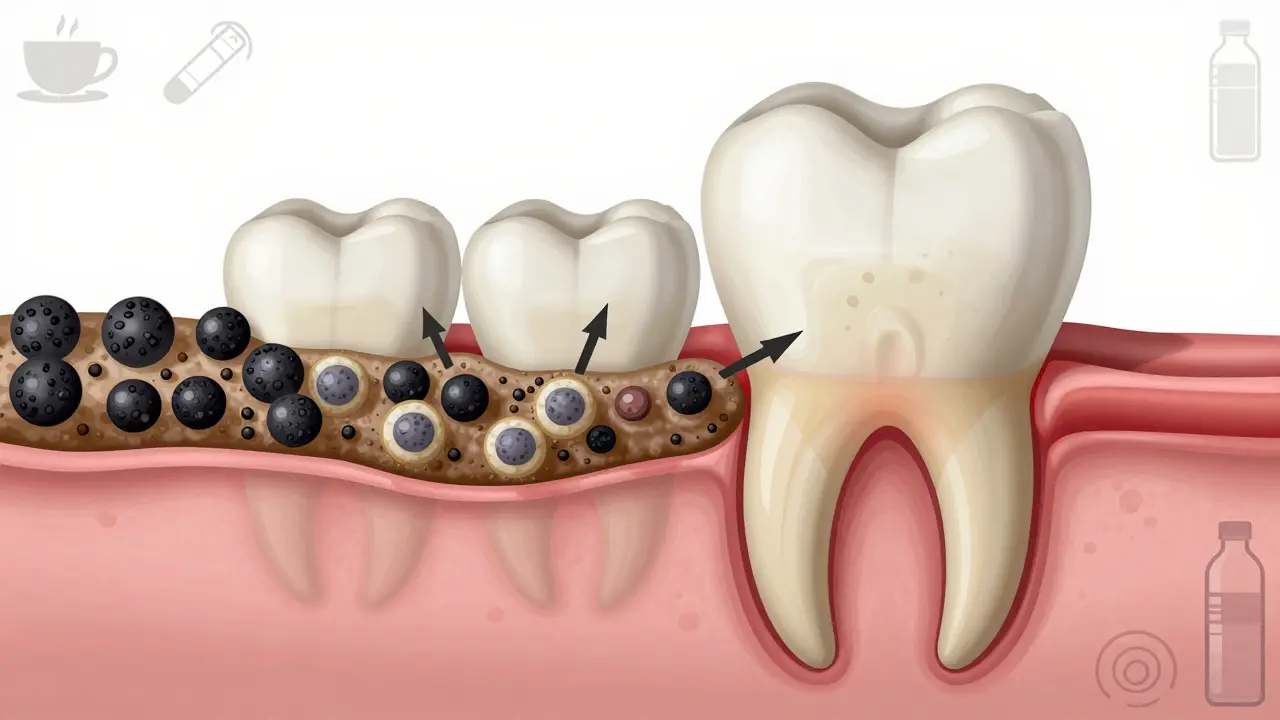 Průřez zubu s vrstvami plaku, černého kamene a zánětlivé dásně.