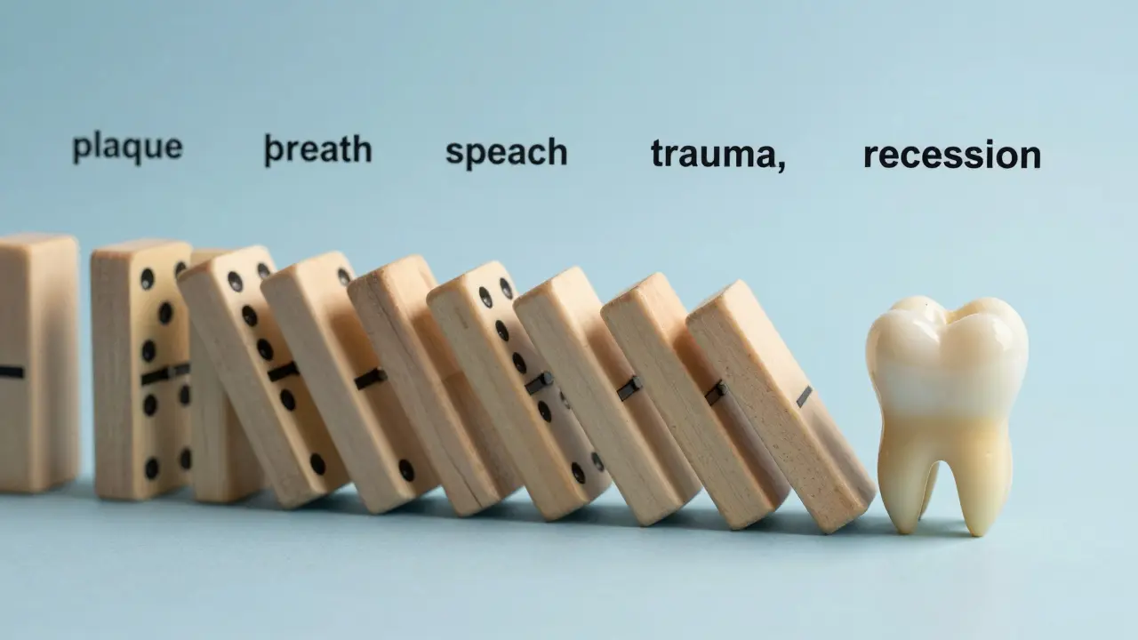 Řada dominových kostek s příčinami bolesti zubů, končící pokřiveným zubem.