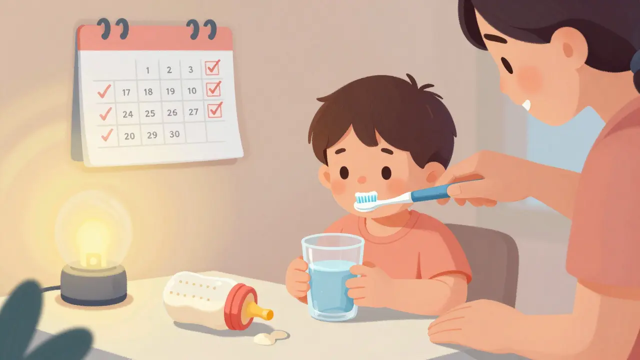 Rodič čistí zuby malému dítěti večer, láhev je na stole.