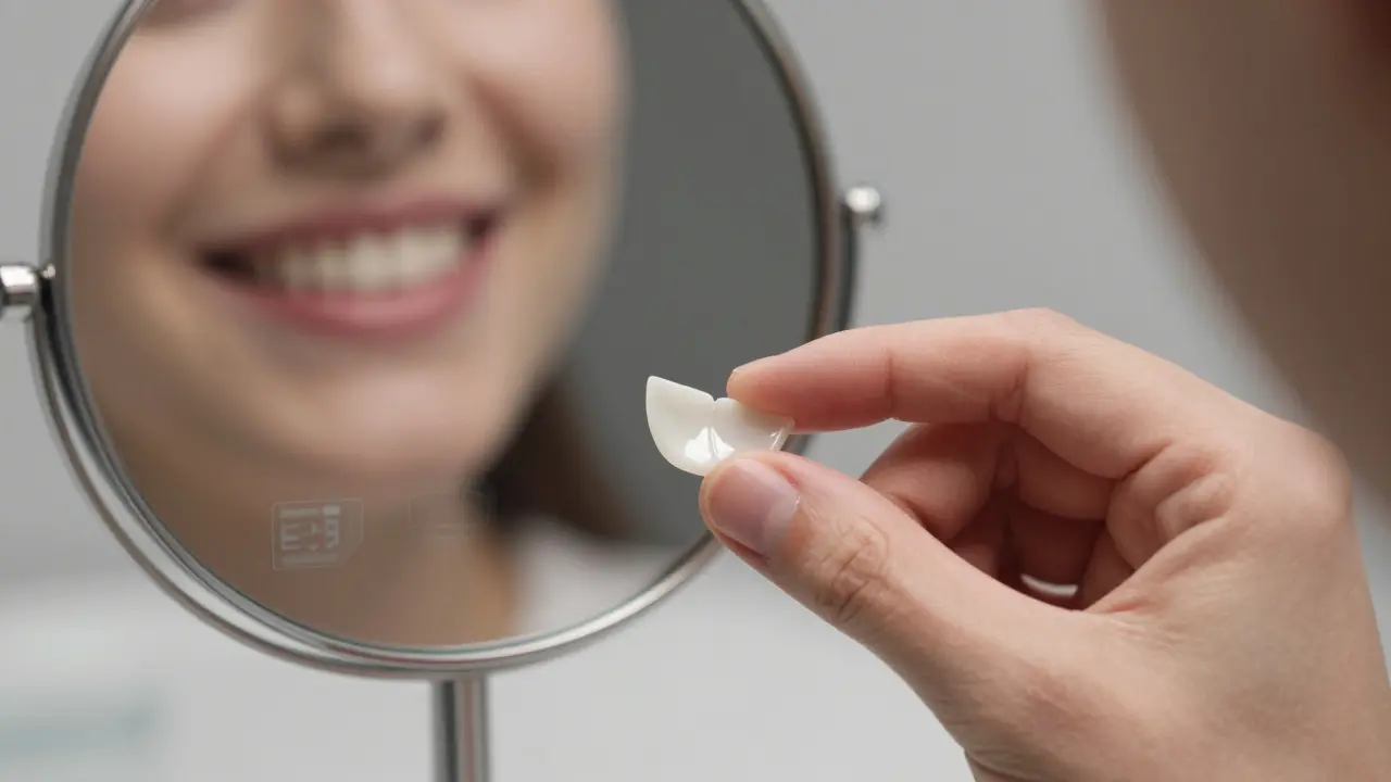 Ruka drží tenkou keramickou fazetu, která odráží světlo jako zrcadlo úsměvu.