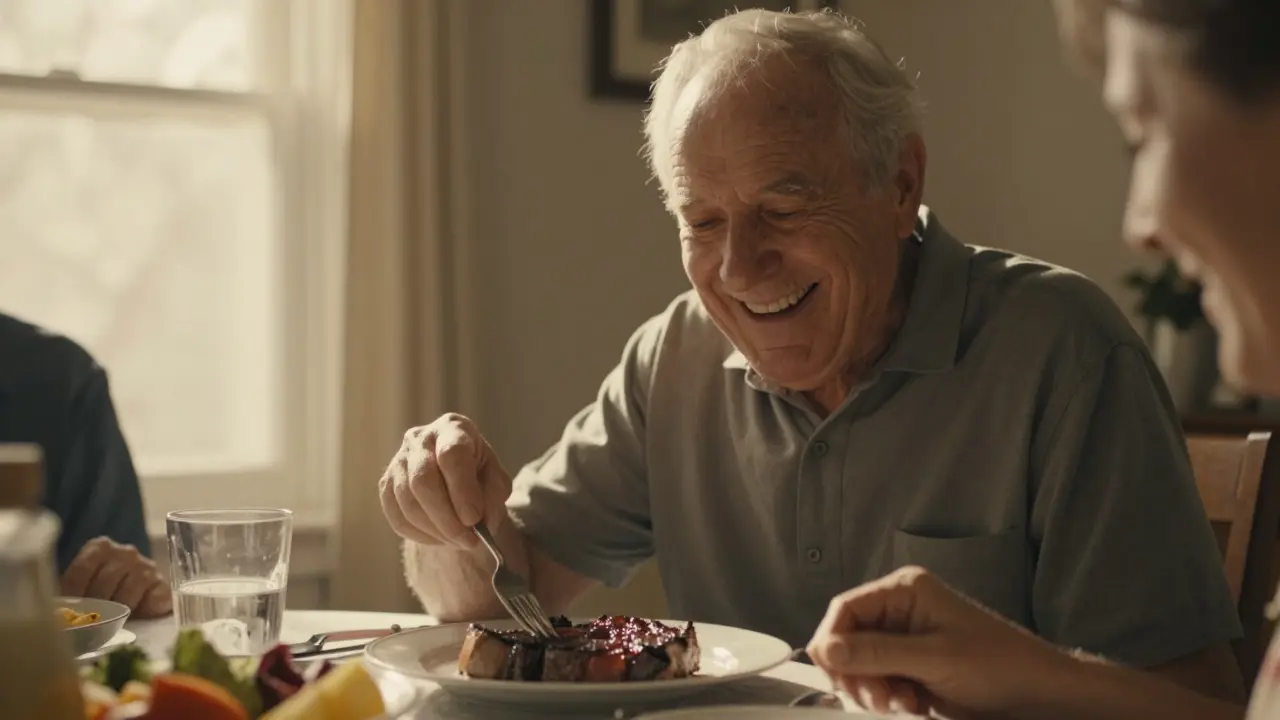 Starší muž se směje při jídle hovězího steaku, znovu získal svobodu jíst, co chce.