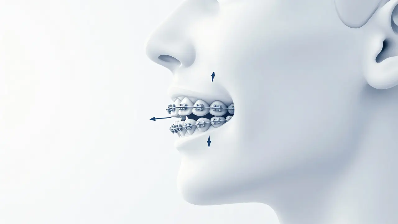 Stranový pohled na čelist s šipkami ukazujícími pohyb zubů při zavírání mezery rovnátky.