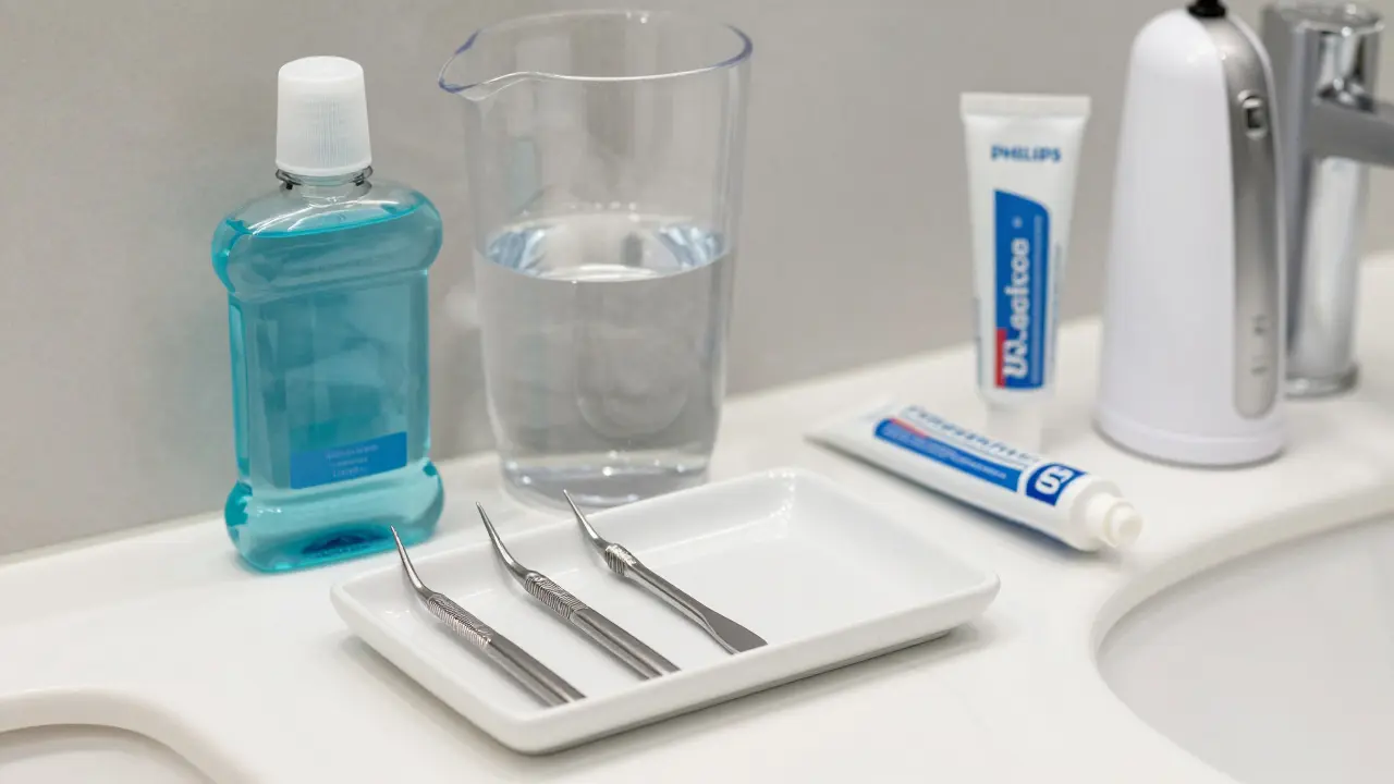 Tři výměnné hlavičky špachtle a potřeby pro ústní hygienu uspořádané na bílé podložce.