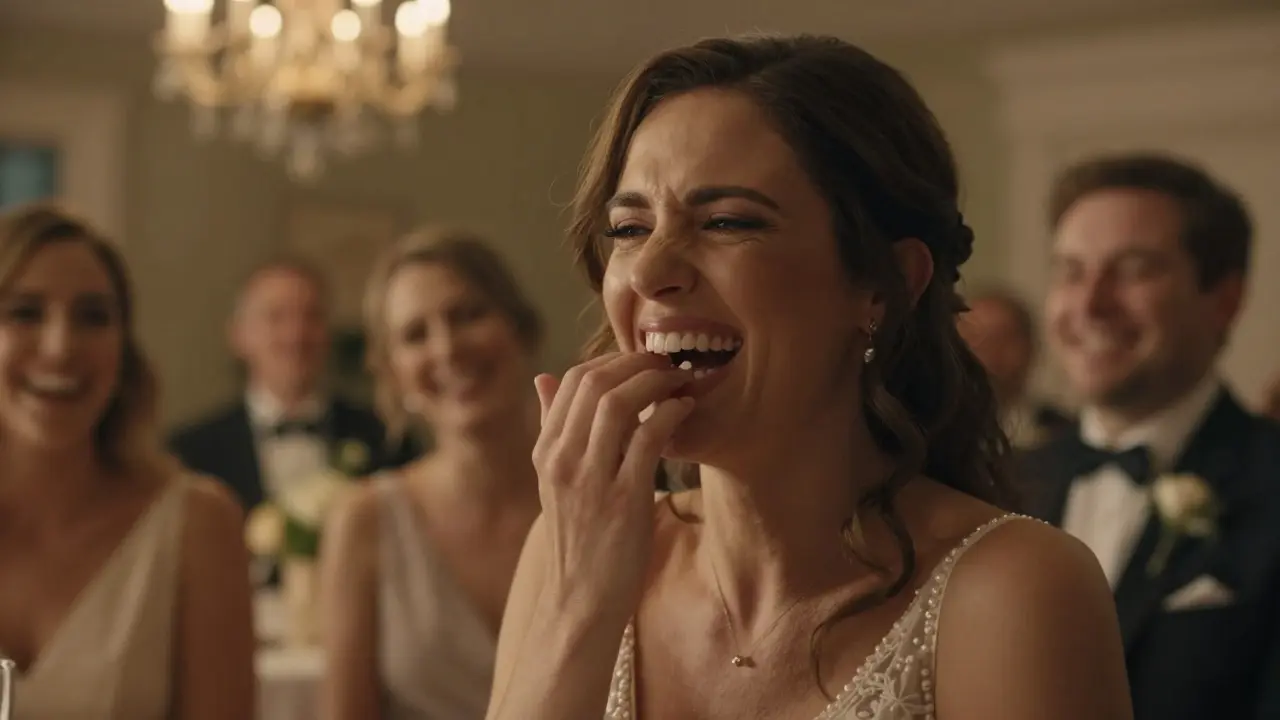 Žena na svatbě cítí, jak se jí uvolňuje nalepovací zub.