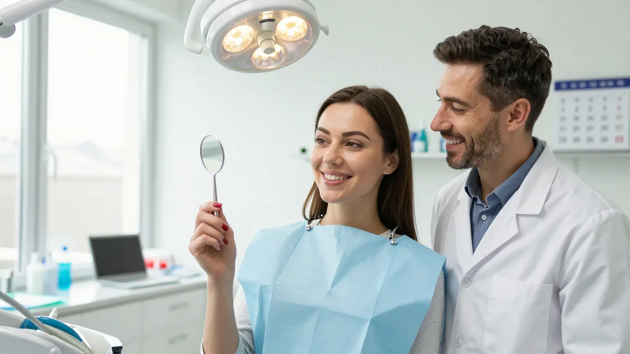 Žena se usmívá v zubní klinice s obnoveným předním zubem.