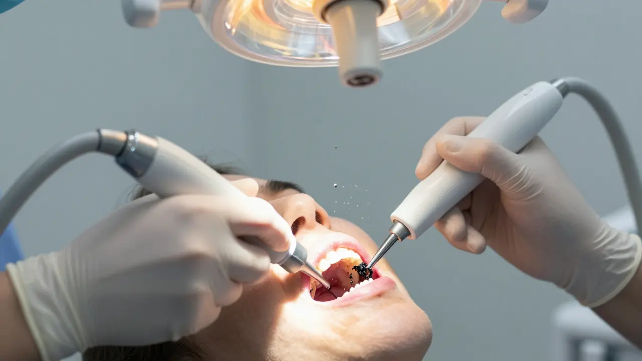 Zubní hygienistka odstraňuje černý kámen ultrazvukovým nástrojem.