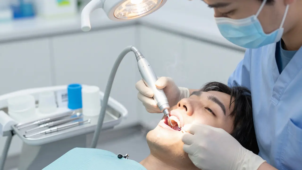 Zubní hygienistka odstraňuje kámen ultrazvukovým skrabákem v klinice.