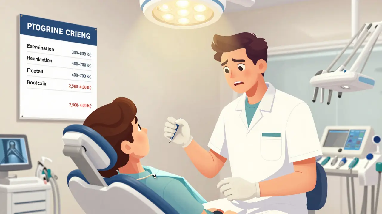 Zubní lékař vysvětluje pacientovi cenovou nabídku v pohotovostní klinice.