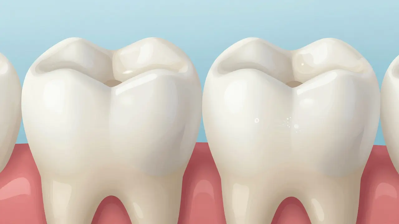 Zubní plak a začínající demineralizace mezi moláry.