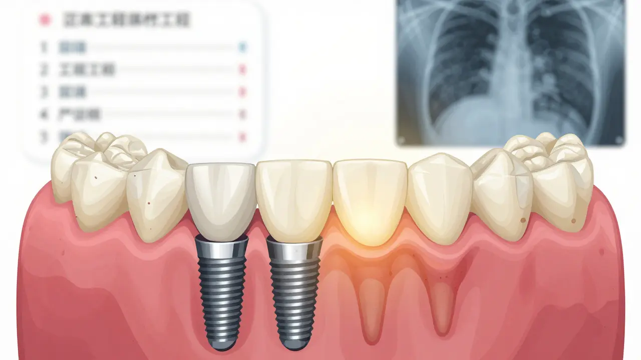 Anatomický náčrt ústní dutiny s implantacemi a korunkami, zdůrazňující místa náchylná k zánětu.