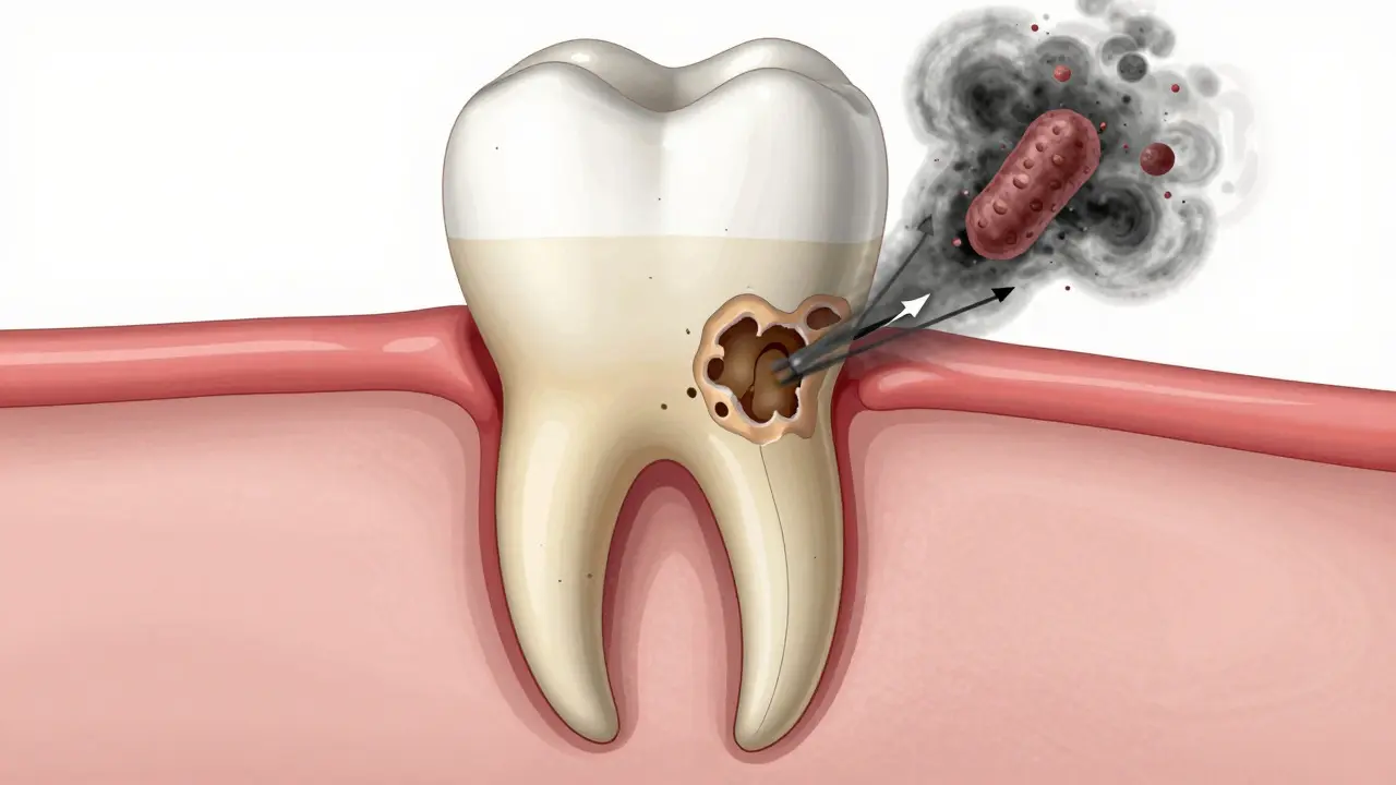 Anatomický výkres zubního kořene s rozpadající se čelistí způsobenou kamenem pod dásní.