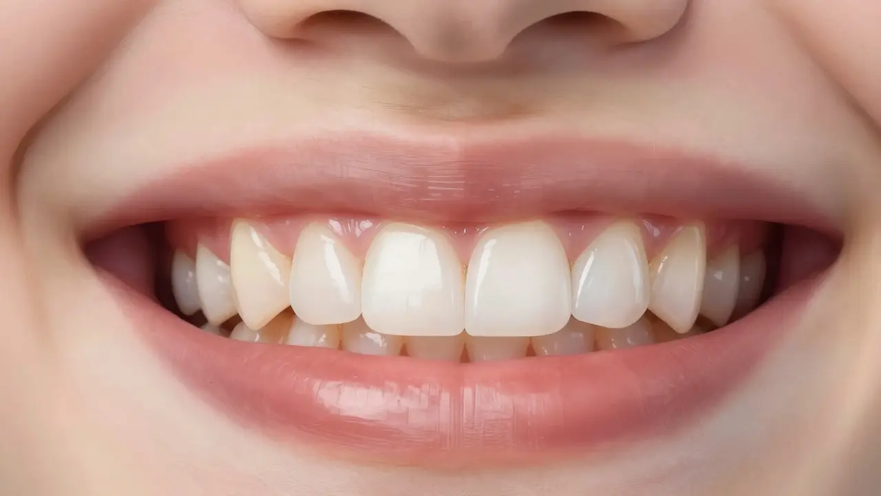 Before and after view of teeth transformed with veneers, showing alignment improvement.