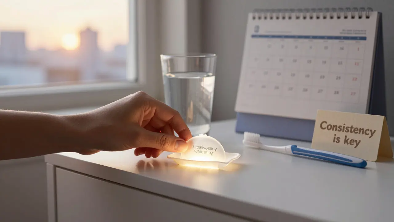 Bělící reténka na nočním stolku vedle sklenice vody a kartáčku, ráno svítí slunce přes okno.