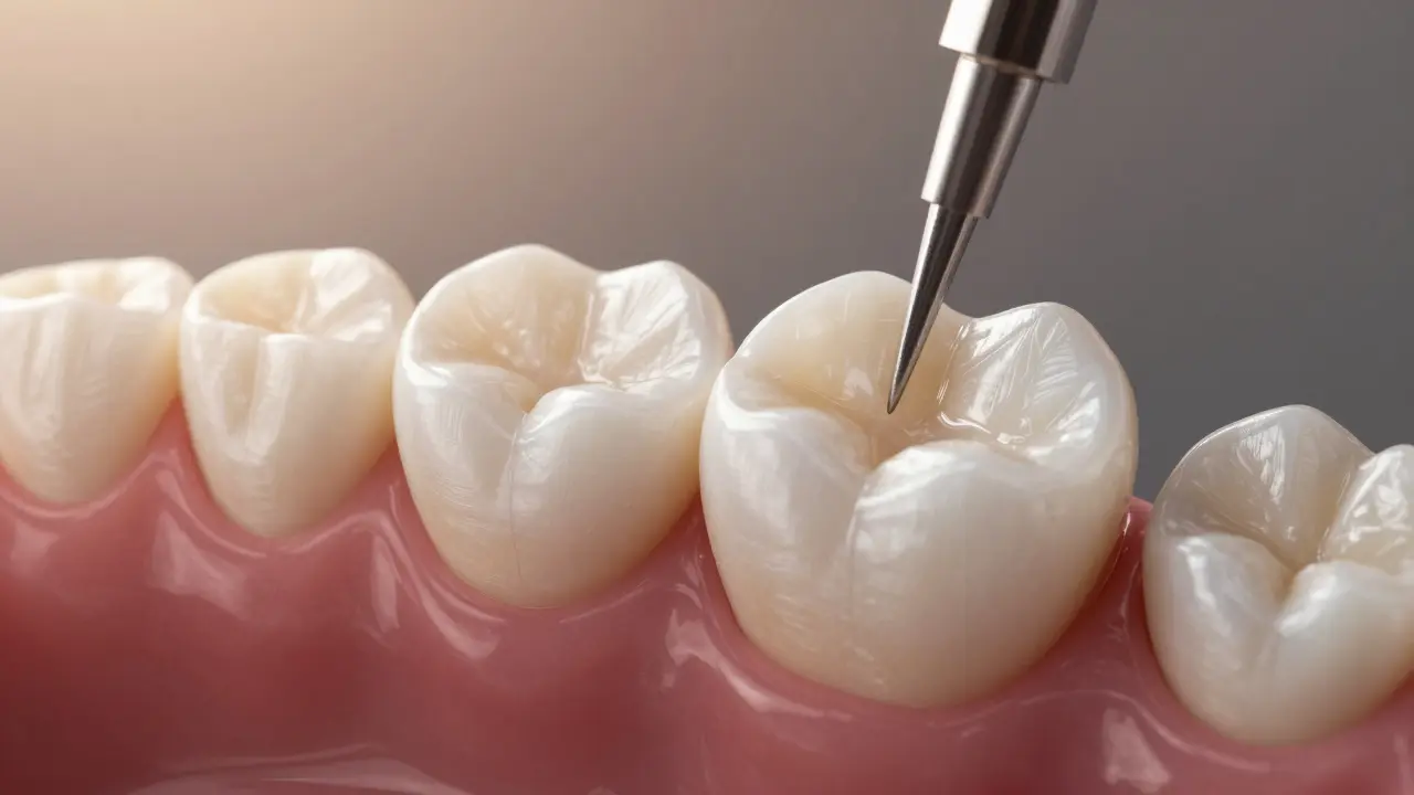 Ceramic onlay seamlessly bonded to a molar, mimicking natural tooth enamel.