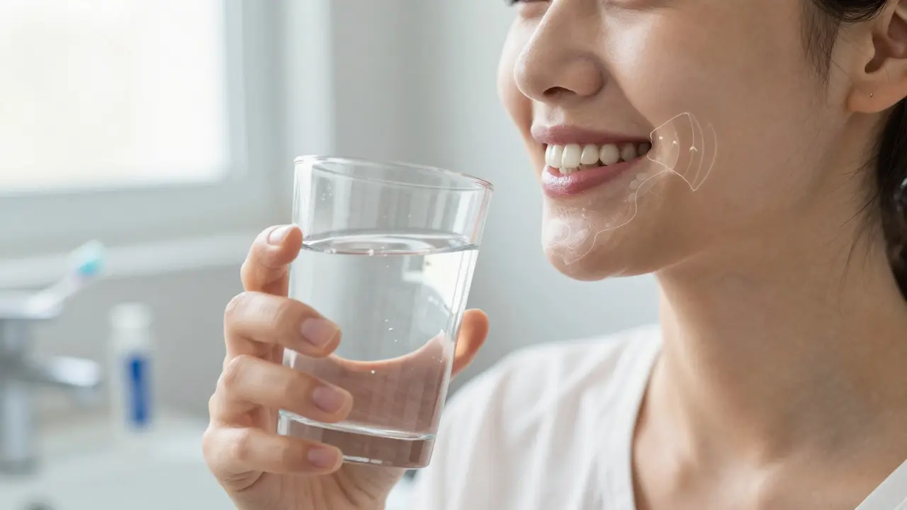 Člověk se usmívá po broušení zubů s představou odstraněného kamene kolem úst.