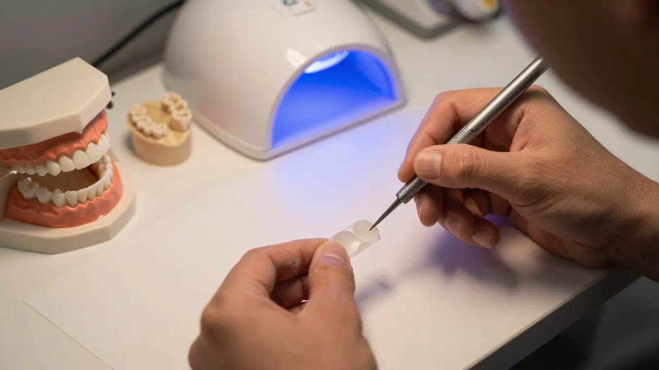 Dental technician ručně tvaruje keramickou fazetu v laboratoři.