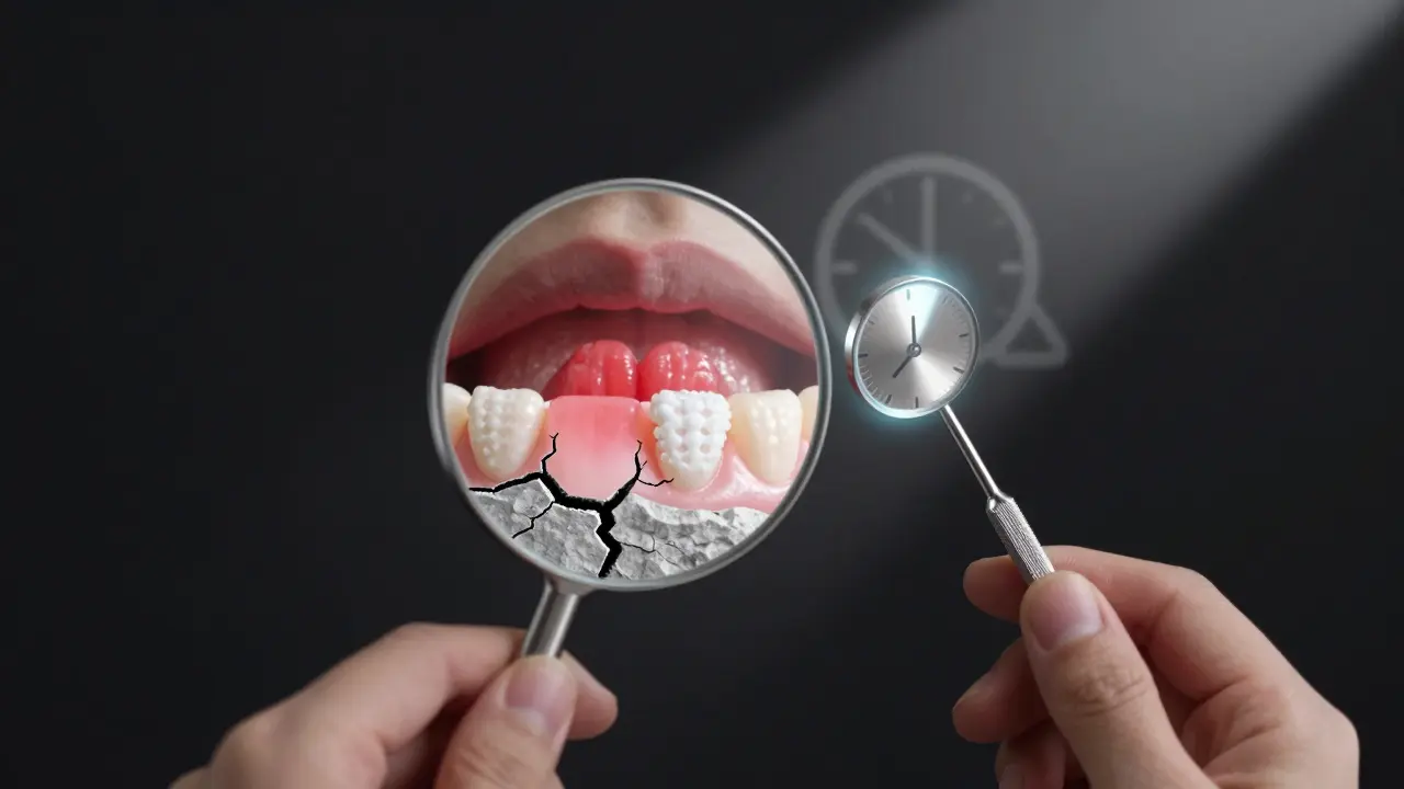 Dentální zrcátko s abstraktními symboly zánětu a skrytých poškození v zrcadlovém odrazu.