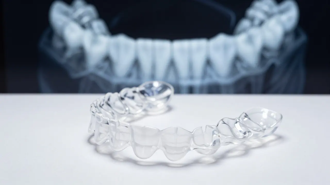 Detail krokových jasných rovnátek na bílé podložce s 3D skenem zubů v pozadí.