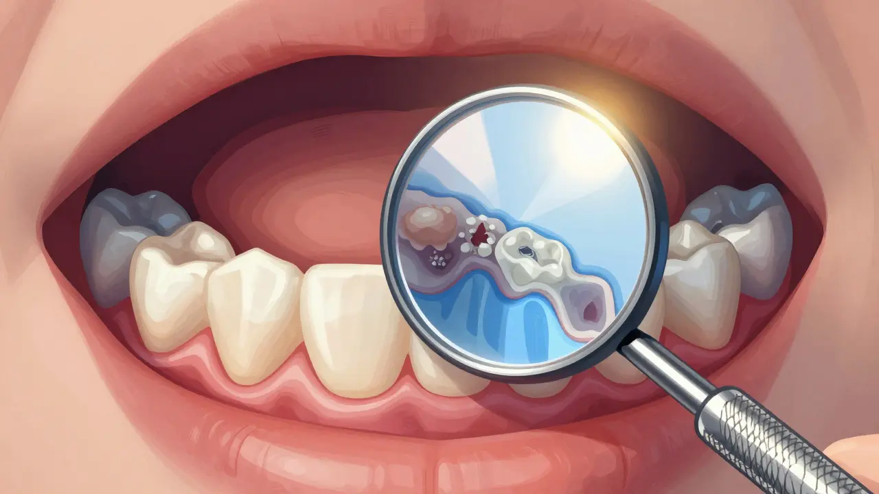 Detailní výřez ústní dutiny ukazující zánětlivé dásně a náležitosti plaku přes dentální zrcátko.