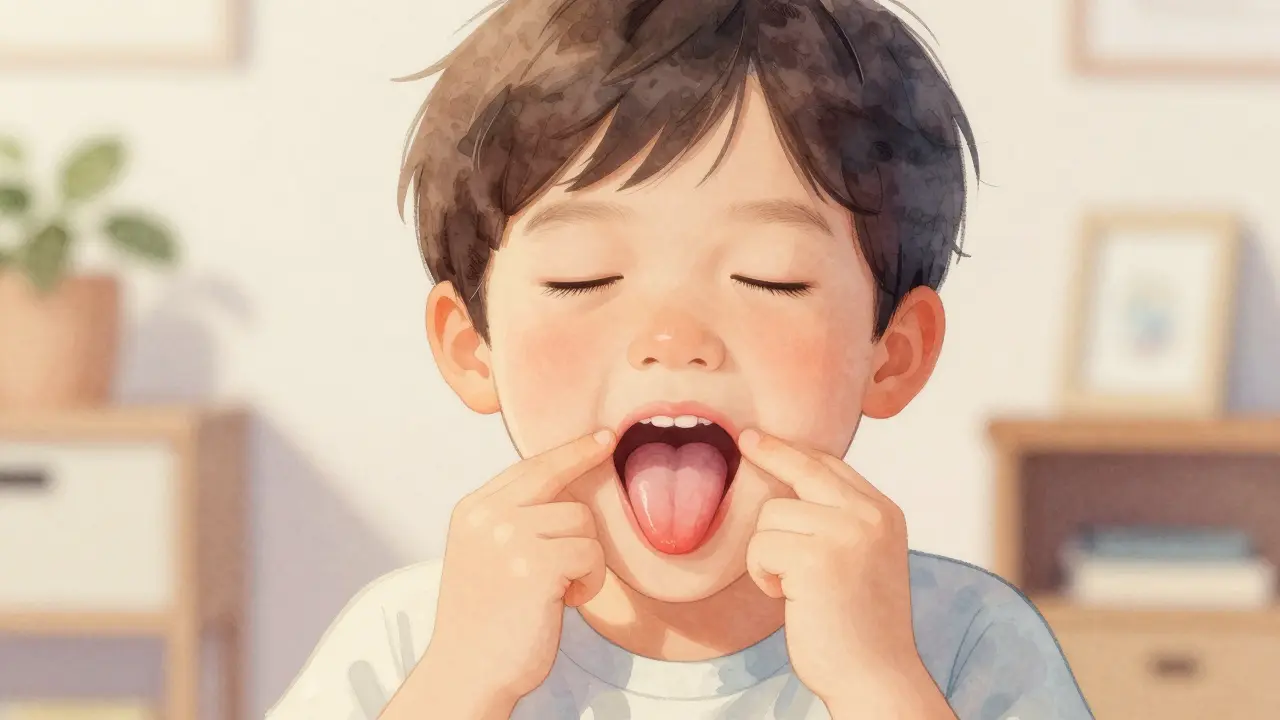 Dítě cvičí myofunkční terapii s jazykem na stropě úst