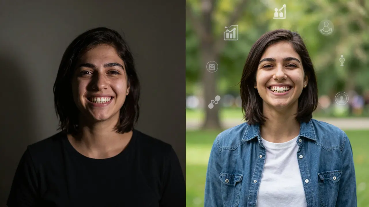 Dvojitý portrét: jedna strana ukazuje stesklou osobu, druhá stejnou osobu sebevědomě se smějící ve světle.