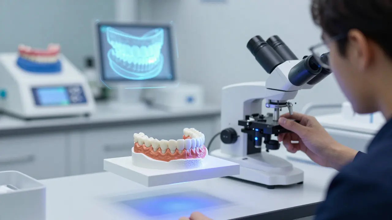 Futuristic dental lab with 3D-printed veneers and antibacterial materials under study.